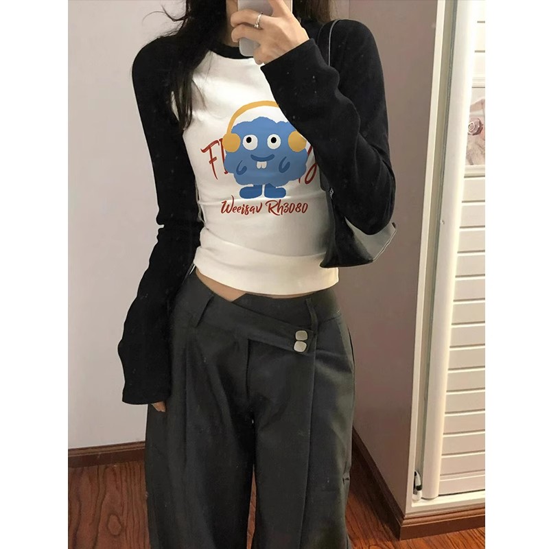 包肩包領復古潮牌短款長袖上衣設計感小眾秋季拼接撞色體恤