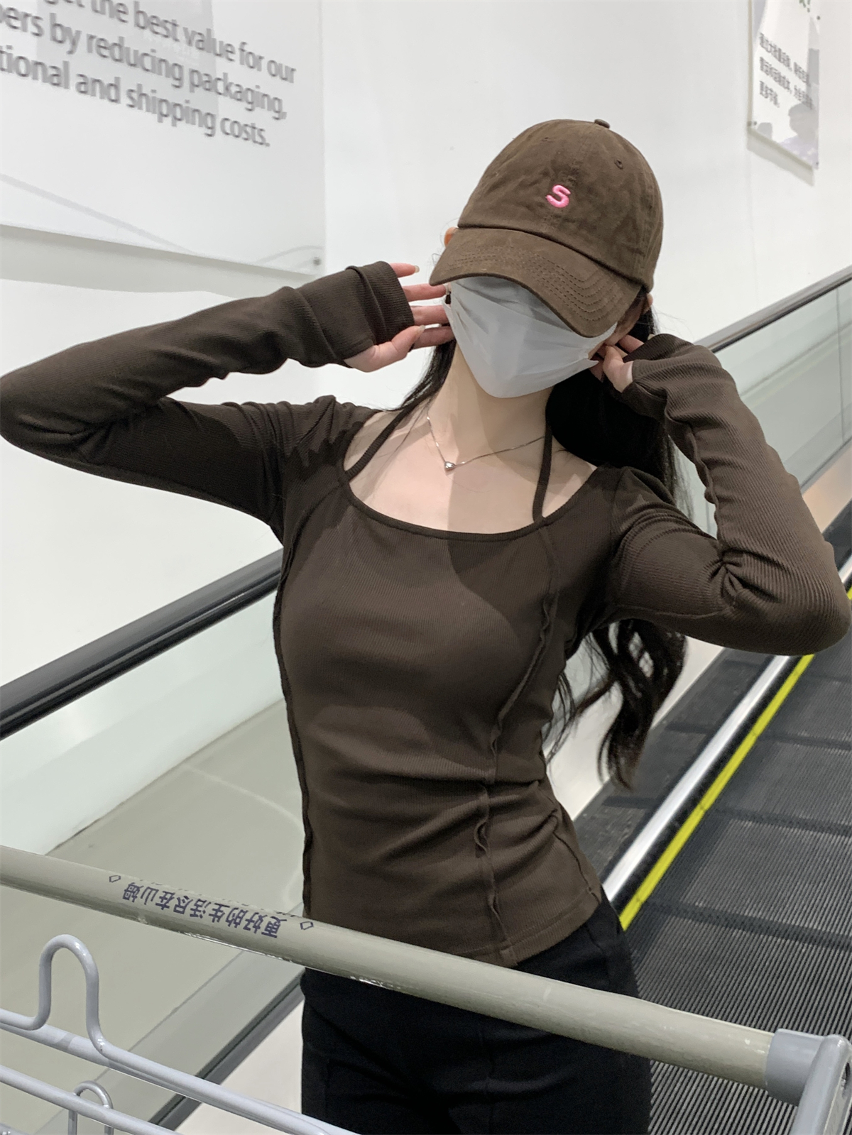 實拍 秋冬韓版修身顯瘦掛脖魚骨磨毛抓絨內搭T恤打底衫上衣女