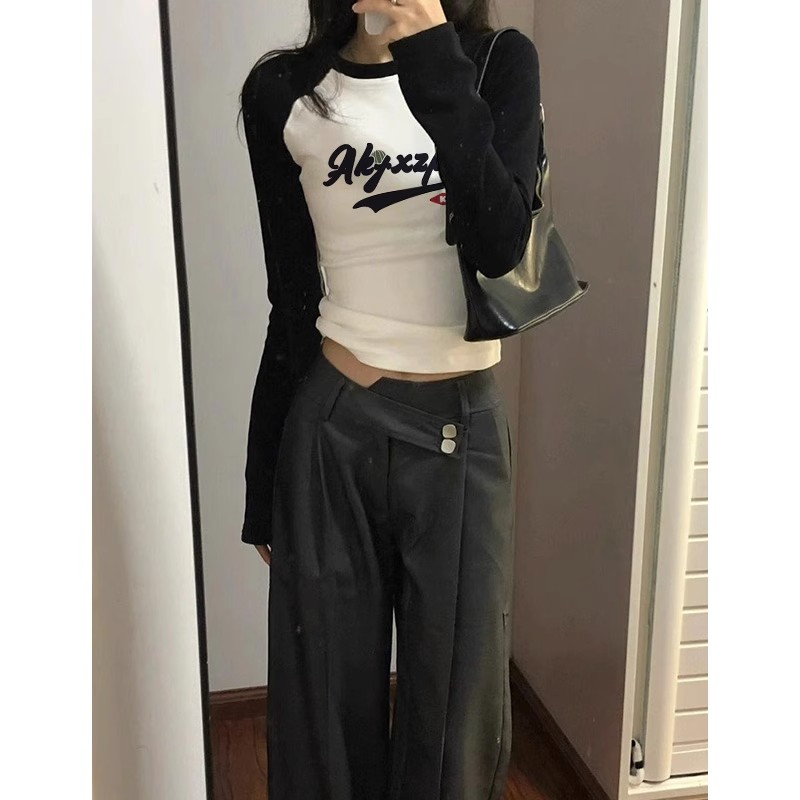 包肩包領vintage甜酷風辣妹短款純棉長袖T恤秋季新款修身上衣
