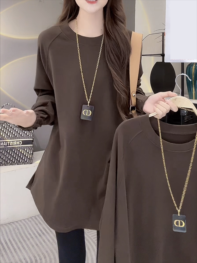 磨毛加絨中長款T恤女長袖秋冬褶皺袖弧形開叉遮***德絨打底上衣