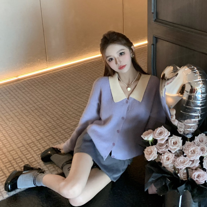 實拍 溫柔風紫色娃娃領針織開衫女秋法式軟糯寬鬆上衣設計感毛衣