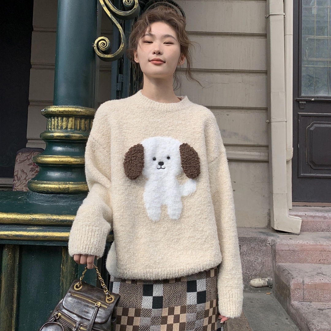毛絨小狗提花毛衣女秋冬2023新款寬鬆慵懶小個子針織衫