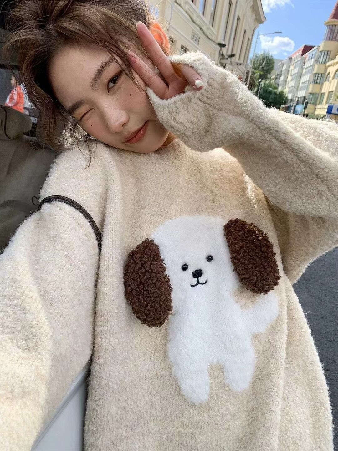 你好卡農 毛絨小狗提花毛衣女秋冬2023新款寬鬆慵懶小個子針織衫