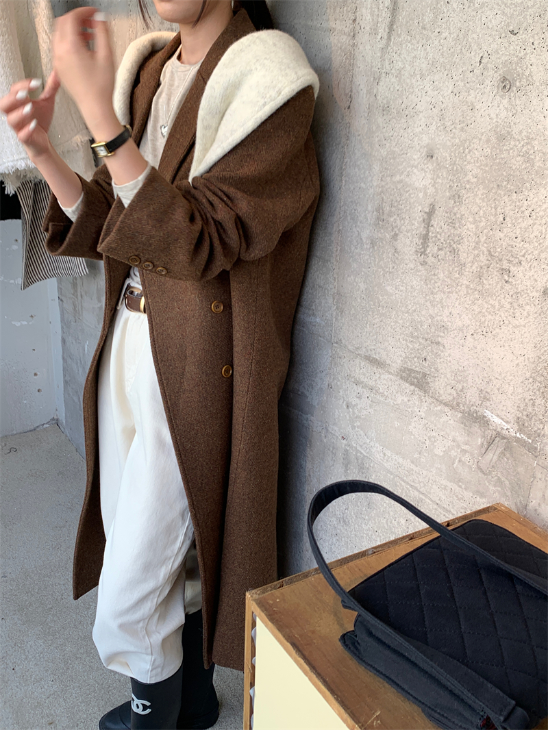 Actual shot of Korean chic~retro suit collar long woolen coat