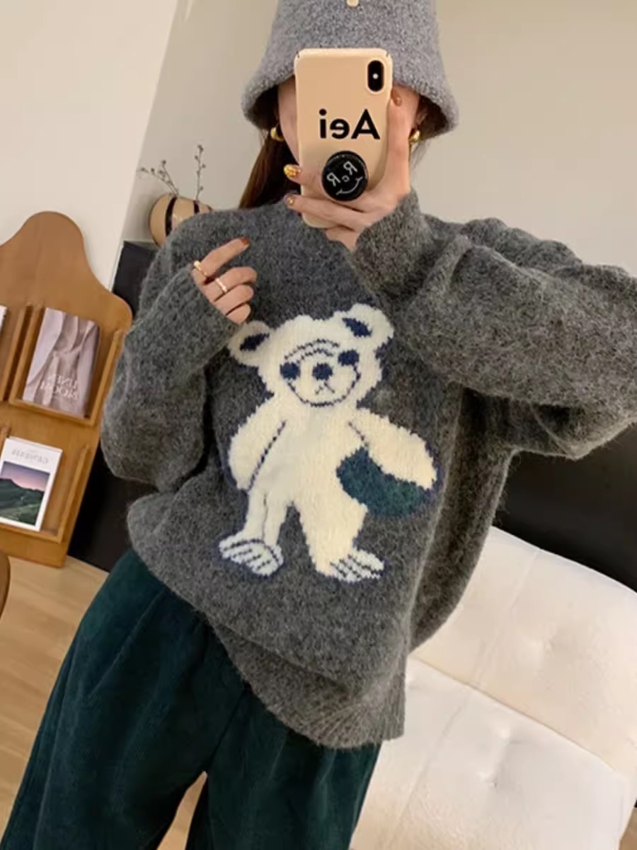 慵懶風復古休閒感連帽抽繩針織上氣質軟糯寬鬆顯瘦高級灰毛衣外套