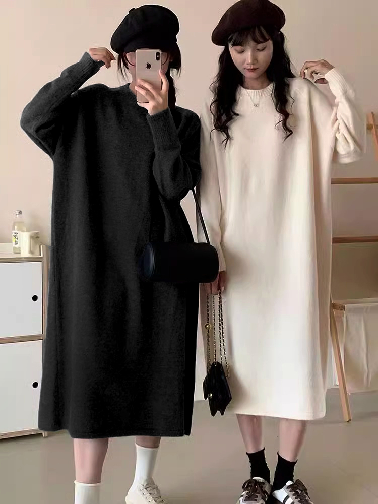 胖mm遮肚顯瘦連衣裙大碼胖妹妹寬鬆半高領長款過膝打底衫毛衣長裙