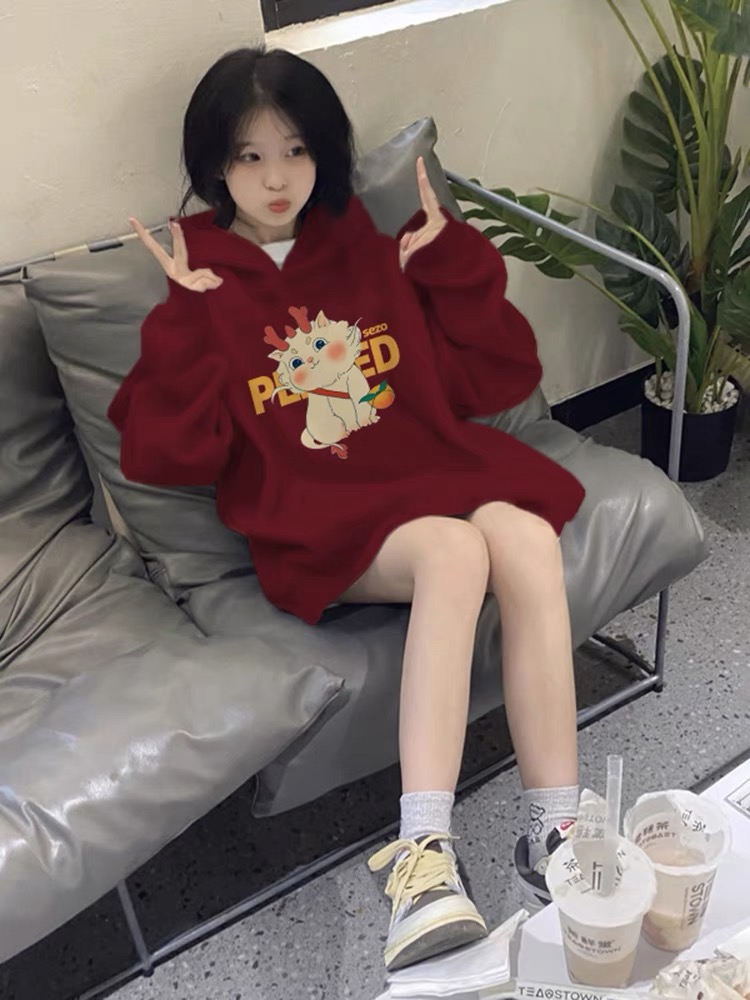 酒紅色衛衣女2023新款韓版聖誕穿搭寬鬆連帽冬季加絨加厚山東即墨