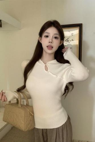 Actual shot~Autumn and winter Korean version of slim-fitting half-high collar oblique buttoned national style design Andy velvet knitted bottoming sweater