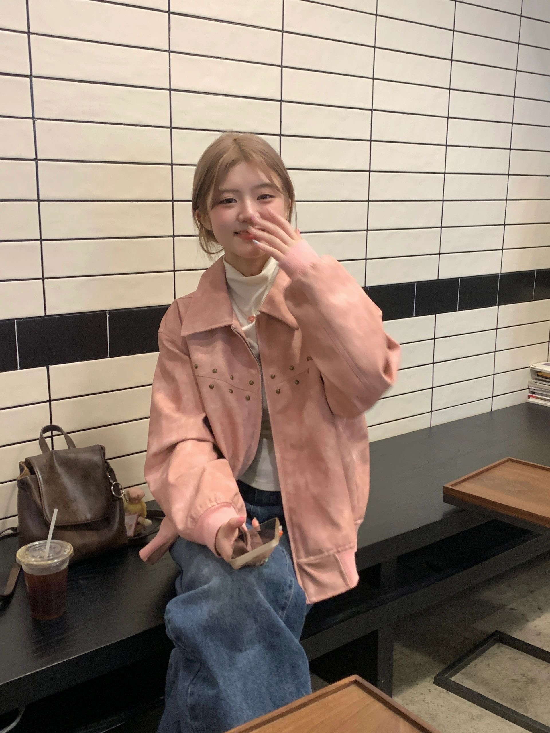 2023 Sweet Autumn and Winter Versatile Trendy Dyeing Studded Pink Leather Jacket Korean Style Casual Long Sleeve