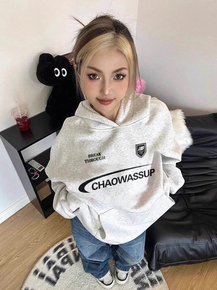 國潮牌hiphop加絨連帽衛衣女秋冬季新款美式復古慵懶風黑色外套女
