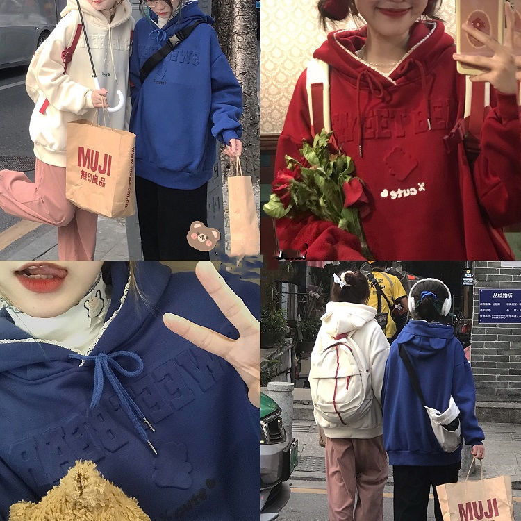 複合衛衣可愛熊克萊因藍印花連帽熊耳衛衣女秋冬款