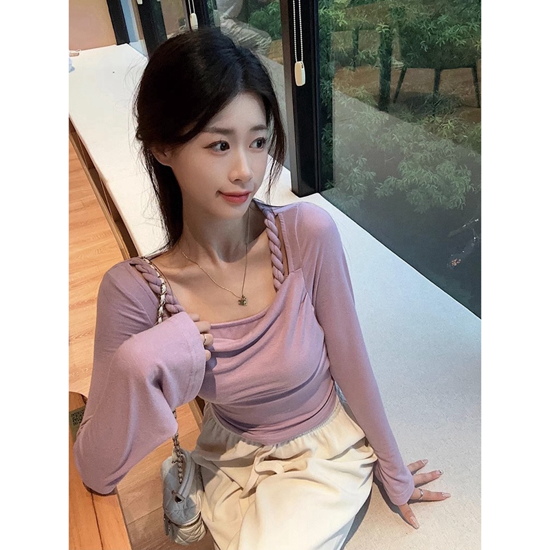 秋冬2023年新款假兩件編織上衣設計感顯瘦喇叭長袖T恤衫女打底衫