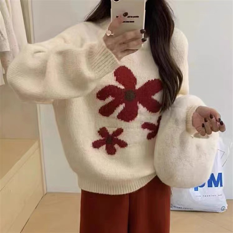 韓系小清新花朵刺繡套頭毛衣女秋冬新款寬鬆溫柔軟糯針織衫上衣