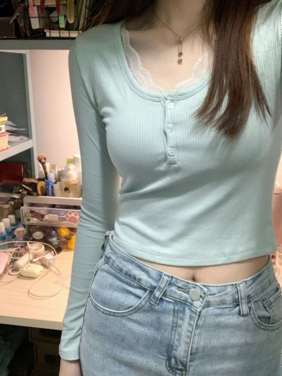 冰絲螺紋 蕾絲螺紋長袖t恤女秋冬洋氣打底衫內搭純欲短款上衣