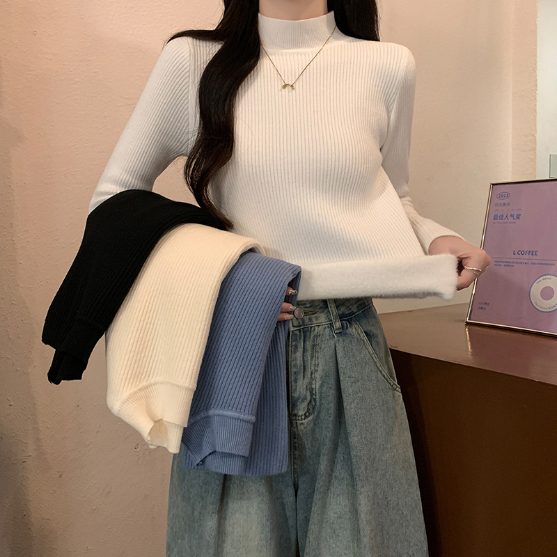 實拍 秋冬韓版12針一體絨修身半高領長袖加絨保暖針織衫毛衣女