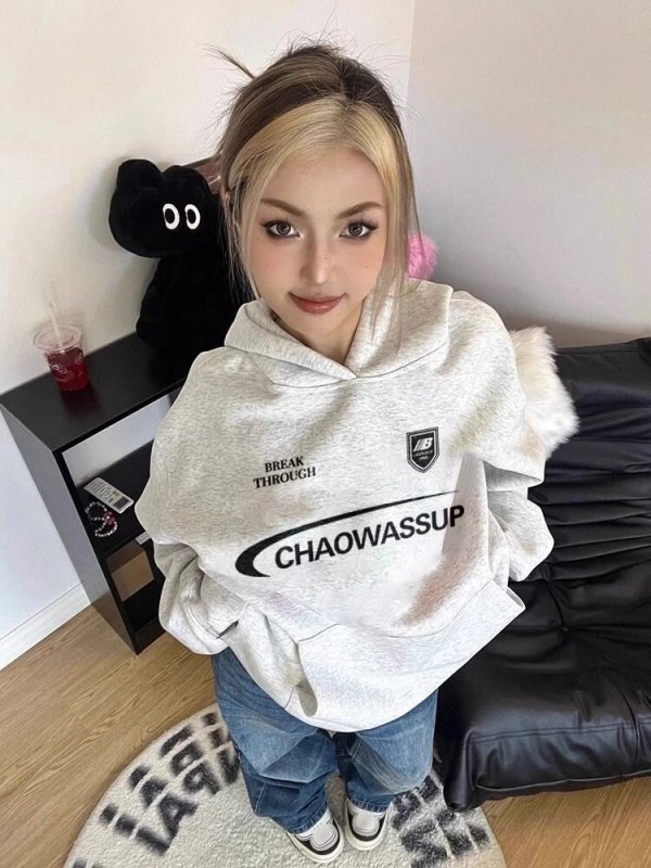 國潮牌hiphop加絨連帽衛衣女秋冬季新款美式復古慵懶風黑色外套女