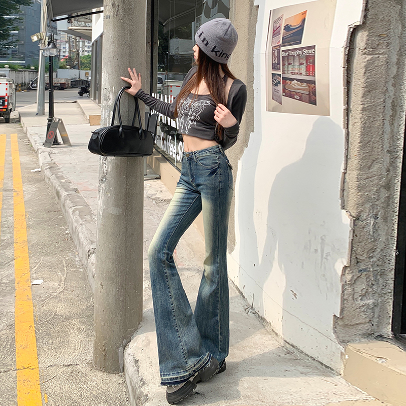 實拍2024早春復古微喇叭彈力修身牛仔褲女顯瘦拖地馬蹄褲子