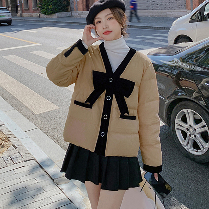 Quality Inspection Official Picture Bow Contrast Color Down Jacket Women's Winter 2023 New Korean Fashion Personalized Short Jacket