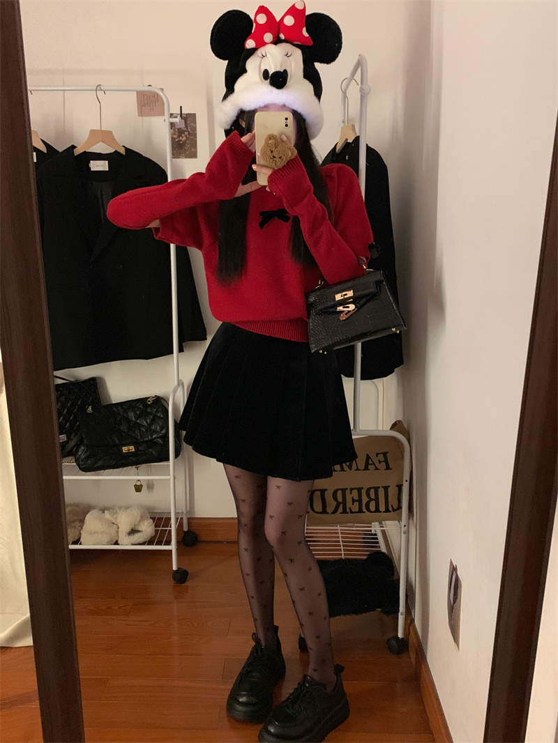 實拍 紅色甜美蝴蝶結泡泡袖設計感毛衣帶袖套+黑色絲絨半身裙