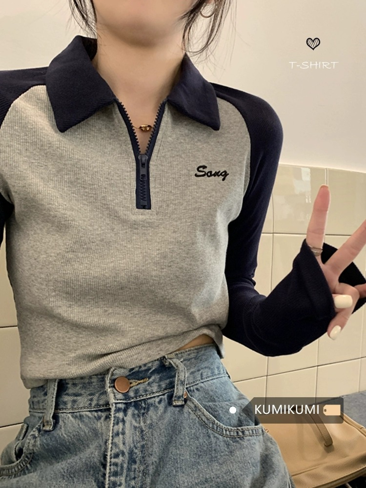 美式撞色Polo領修身顯瘦長袖T恤女秋季內搭打底衫辣妹短款上衣潮