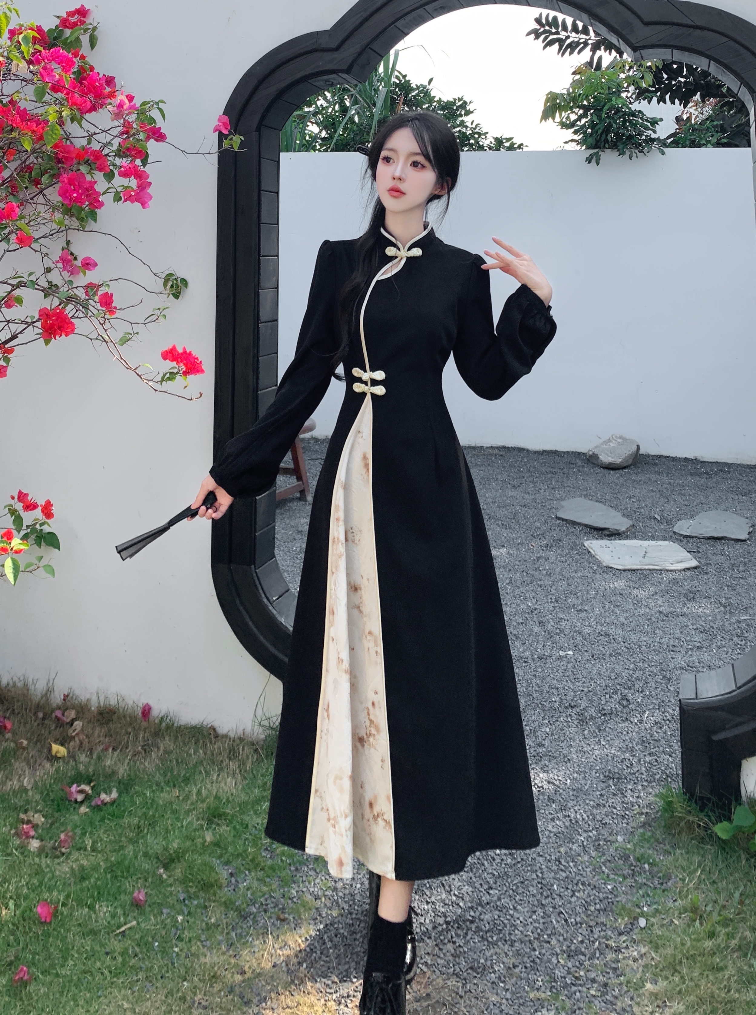 固色  實拍~ 新中式國風復古改良旗袍連衣裙氣質暗紋中長連衣裙