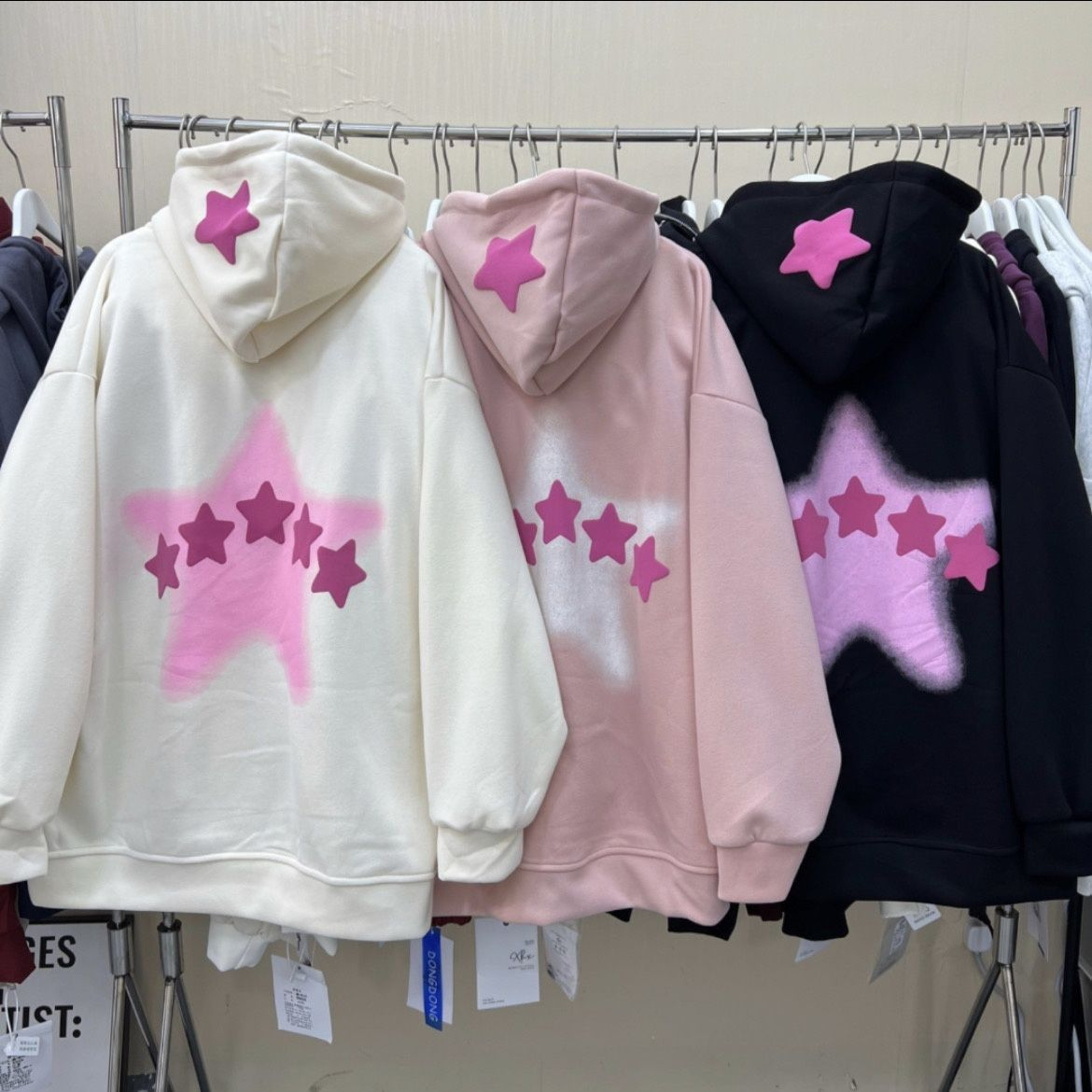 加絨美式復古星星衛衣女oversize潮牌加絨加厚秋冬季情侶裝