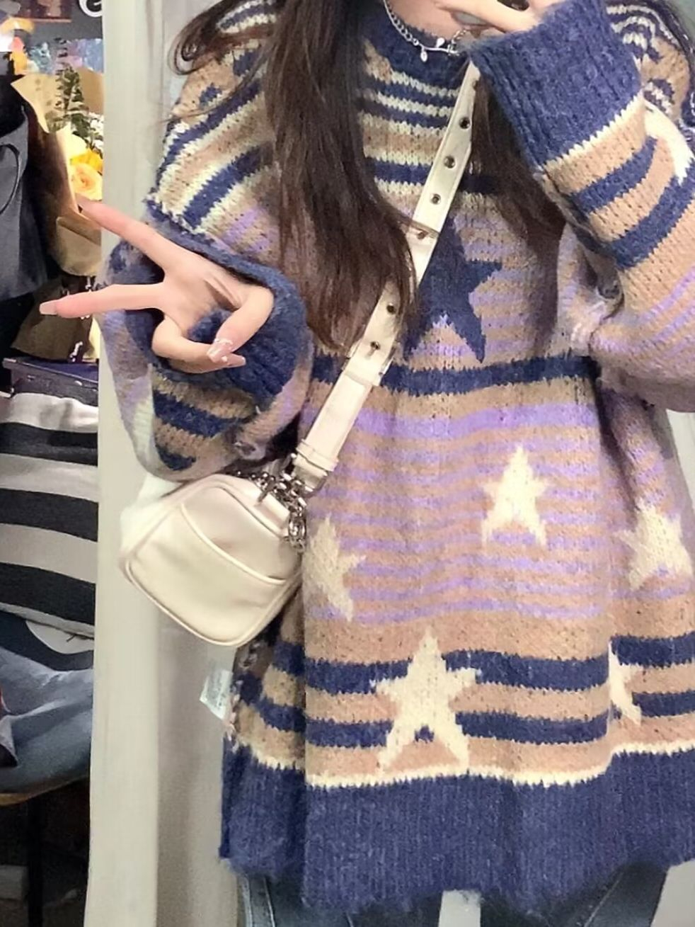 183#軟糯慵懶風星星條紋套頭毛衣女冬季新款韓版寬鬆學生針織衫