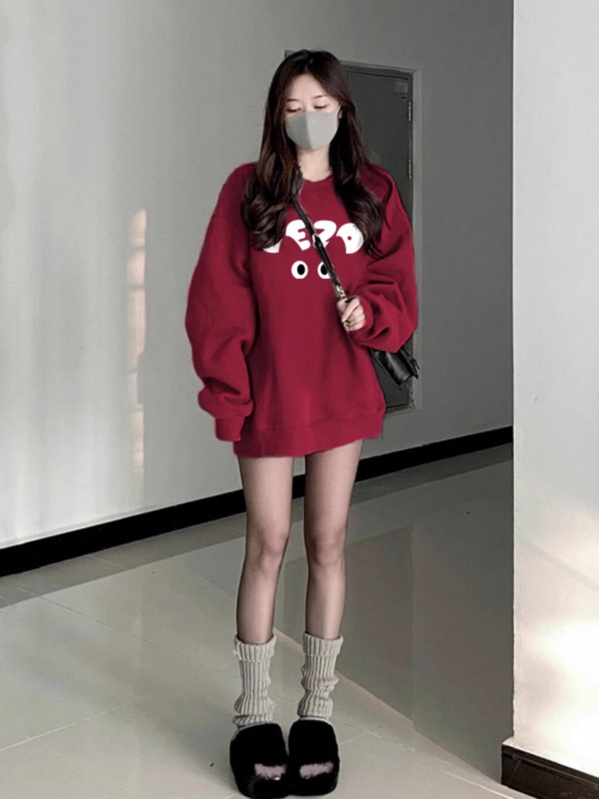美式復古加絨衛衣女秋冬季2023新款紅色圓領加厚寬鬆oversize外套