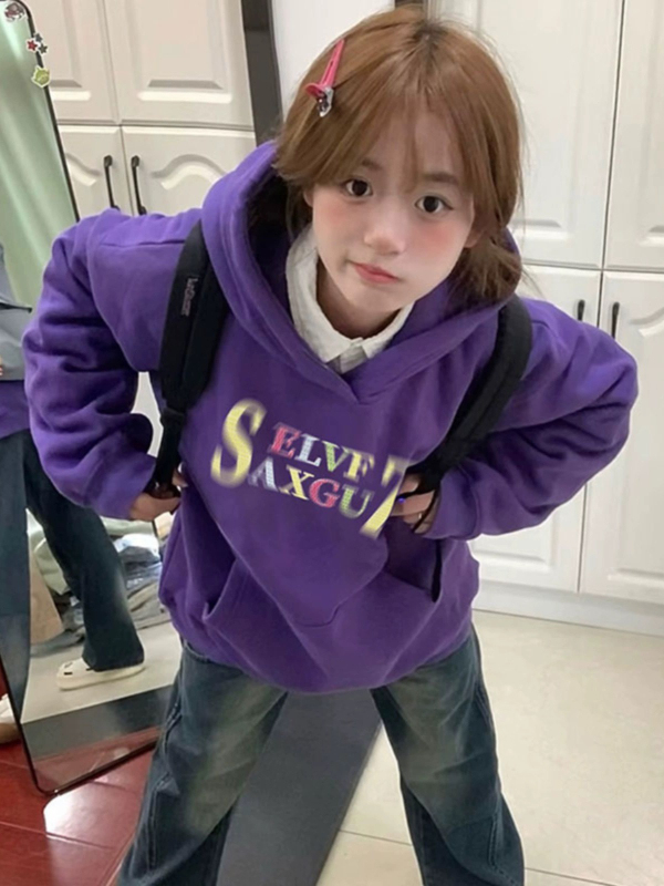 小眾設計感美式高街上衣2023新款寬鬆冬季外套加絨加厚連帽衛衣女