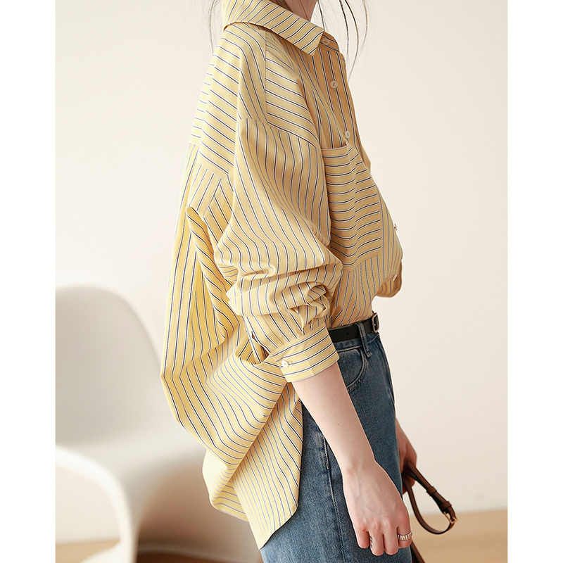 French early spring spring yellow striped shirt women's spring and autumn design niche shirt jacket spring new top