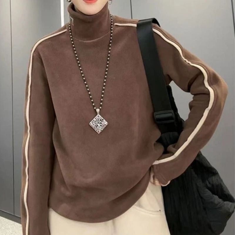 德i絨高領撞色打底套頭衛衣女2023秋冬新款洋氣時尚長袖上衣潮