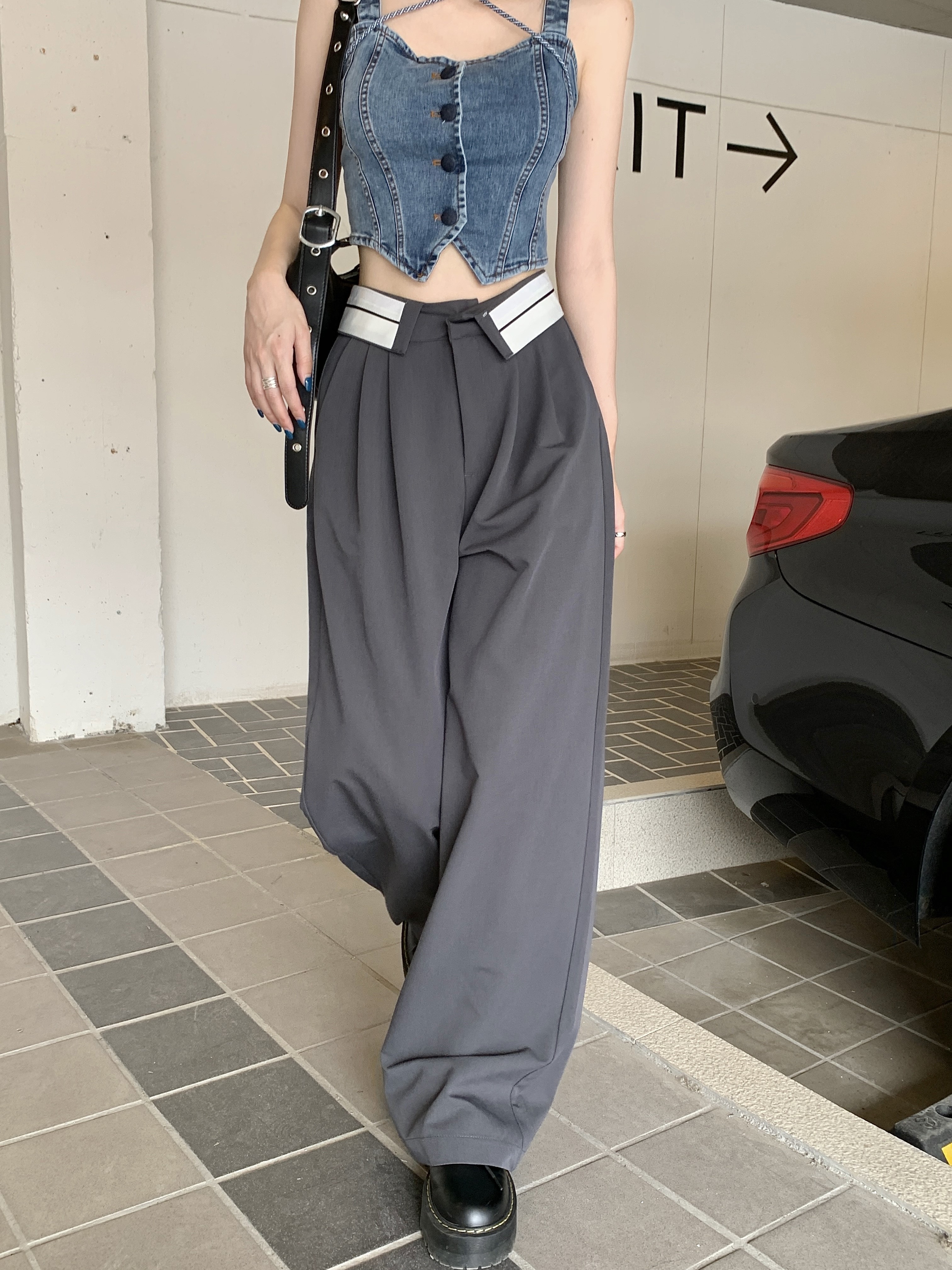 Hong Kong Style Gray Cuffed Suit Pants Women's Summer High Waist Drape Floor-Mapping Pants Casual Wide Leg Pants