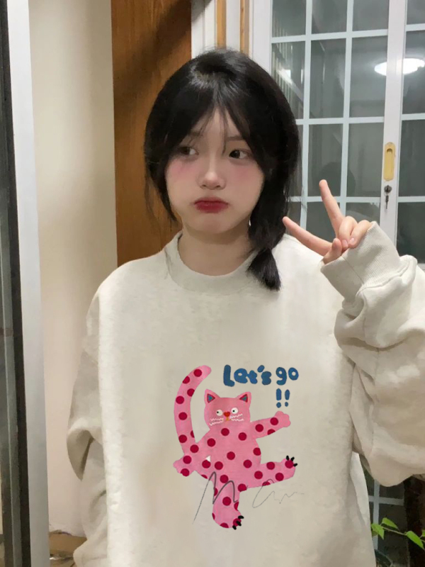 卡通印花無帽衛衣女長袖秋冬新款寬鬆bf慵懶風T恤加厚學院風上衣