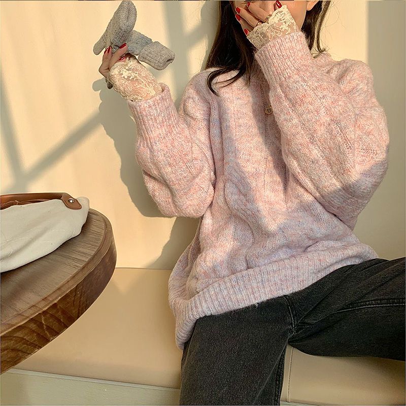 秋冬季新款外穿套頭圓領麻花毛衣女韓系溫柔風寬鬆洋氣針織上衣厚