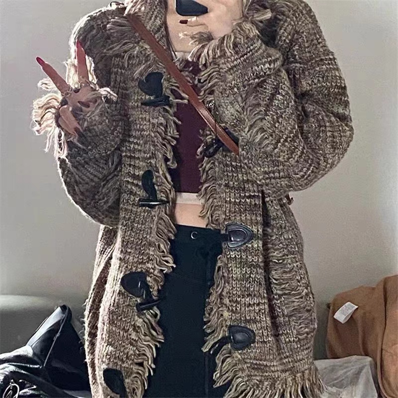 日系復古羊角扣彩色開衫毛衣外套女秋冬寬鬆慵懶風bf軟糯針織衫潮