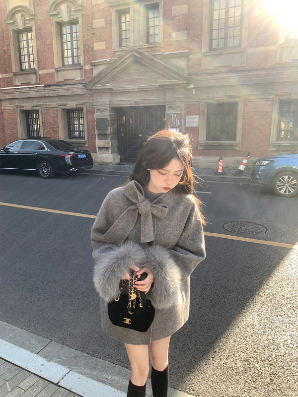 Zhenzhenjia 15 camel 85 Australian wool double-sided wool coat heavy industry fox fur leader micro cape temperament coat