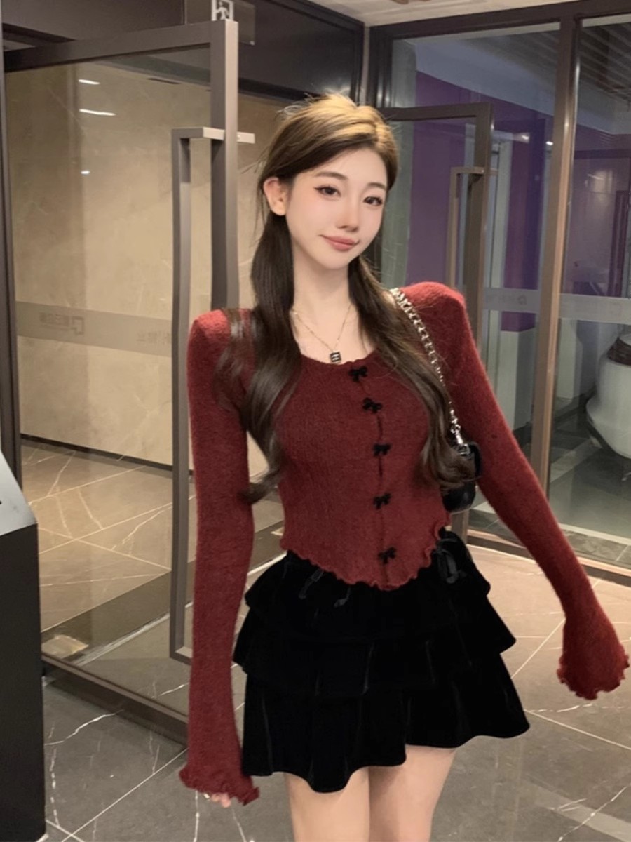 原版原料~秋冬2023新款法式小個子V領蝴蝶結木耳邊針織開衫上衣女