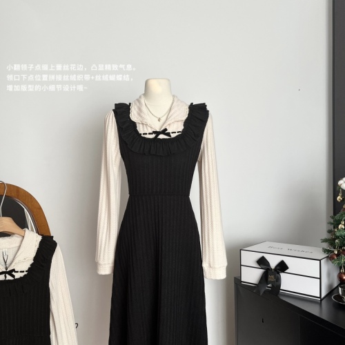 月光曲 法式拼接假两件复古小黑裙显瘦针织连衣裙长裙