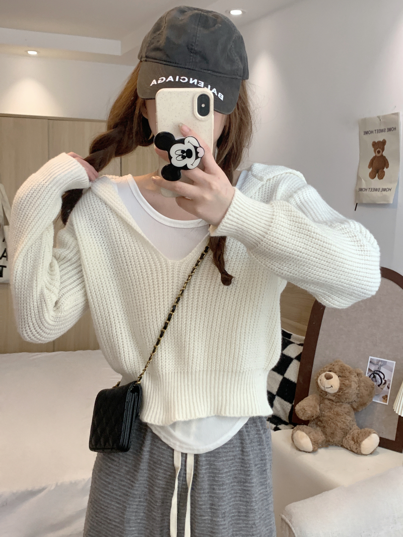 實拍 甜辣設計感背心打底衫V領兩件套短款針織上衣女
