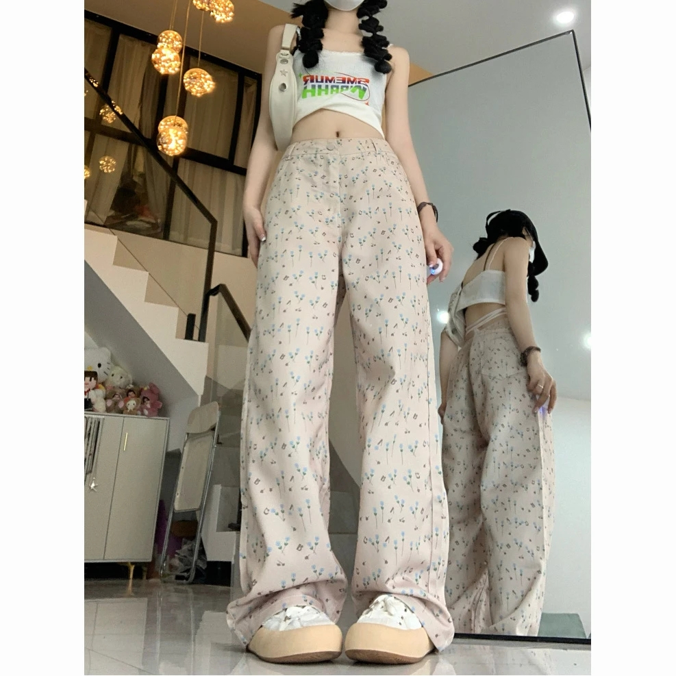 港風碎花牛仔褲女2023年新款秋季寬鬆顯瘦拖地長褲小眾直筒褲子潮