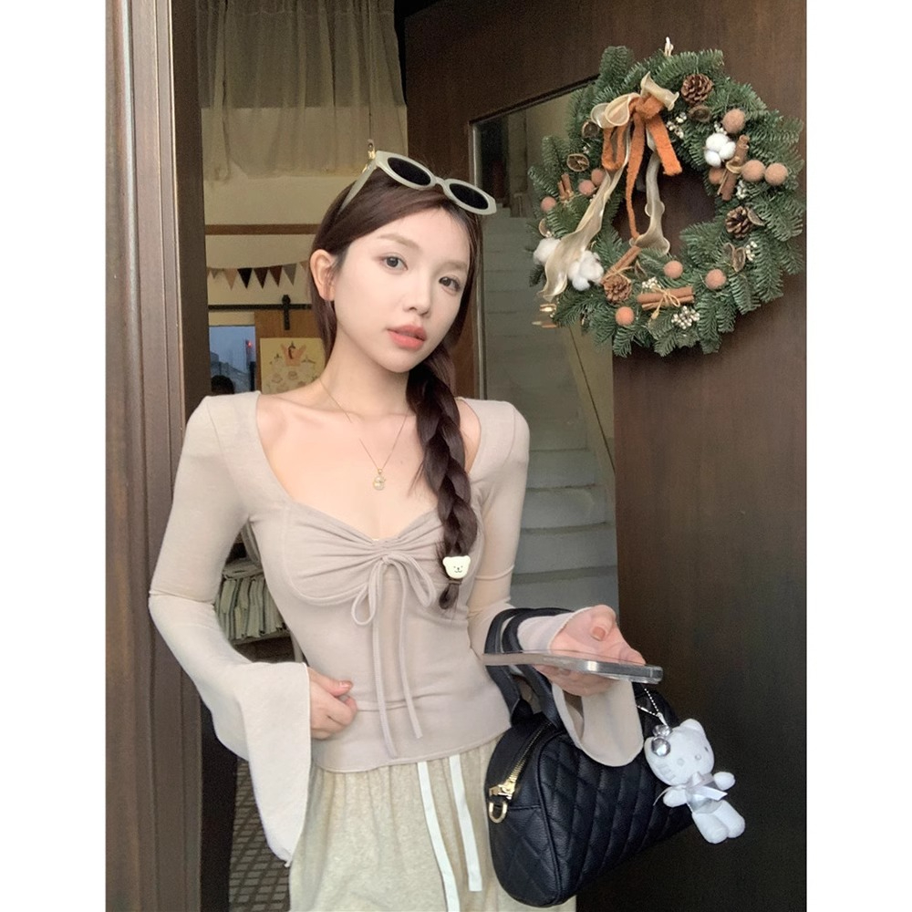 美拉德抽繩打底衫女秋季韓版2023新款修身顯瘦純欲內搭長袖T恤ins