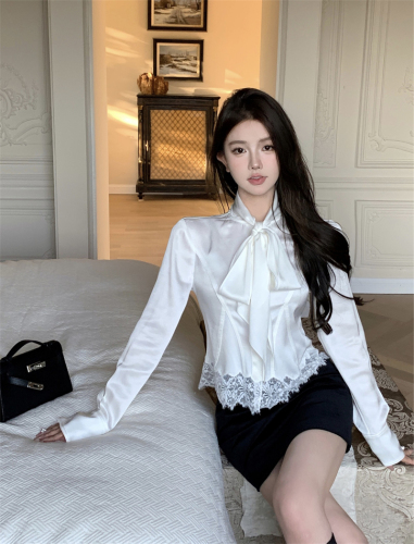 Real shot of lace spliced ​​acetate satin shirt, elegant bow long-sleeved top for women