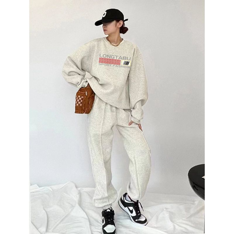 韓版加絨服套裝女秋冬季新款寬鬆顯瘦時尚衛衣休閒運動兩件套裝潮