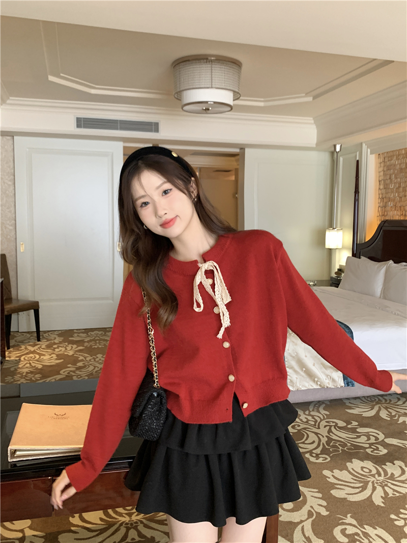 蝴蝶結蕾絲系帶針織開衫女寬鬆百搭毛衣外套女搭裙子一整套