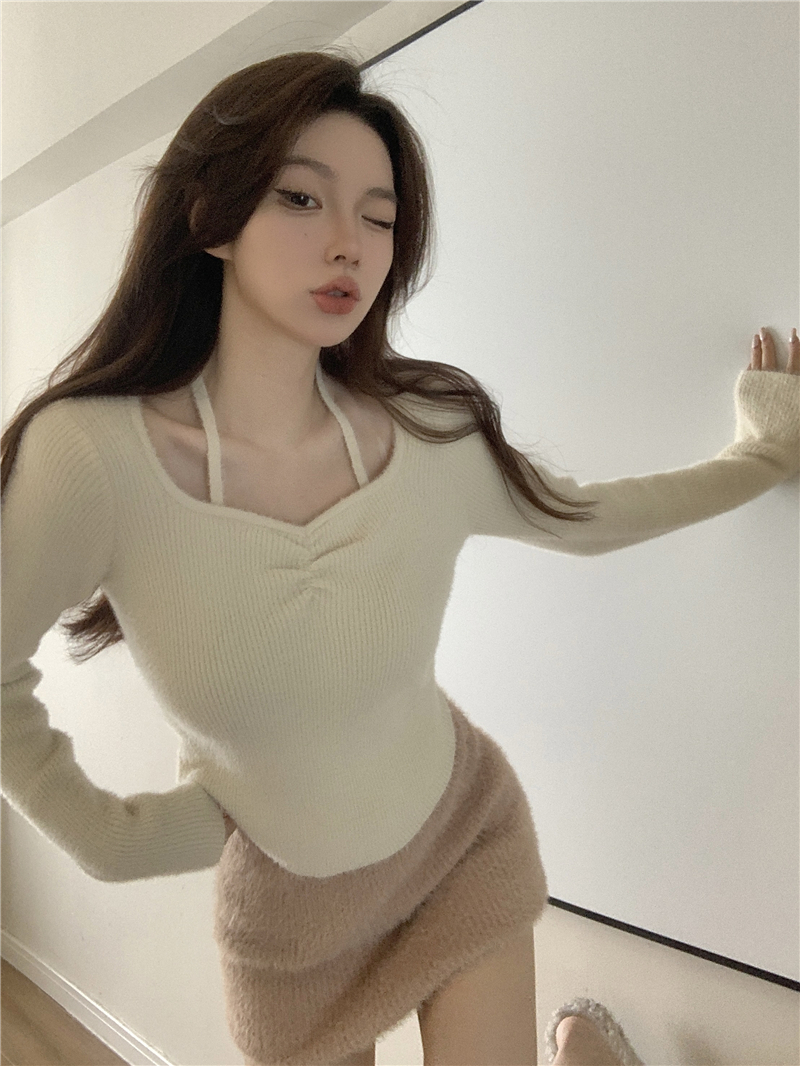 實拍 秋冬純欲風高級感氣質掛脖綁帶保暖針織打底衫上衣女