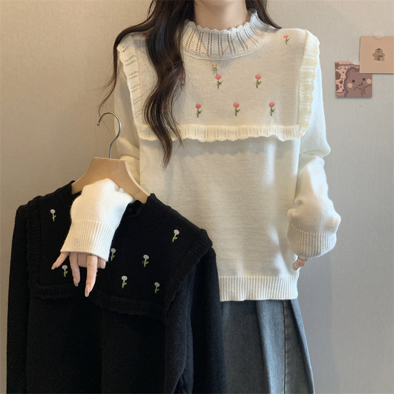 實拍~韓系甜美減齡娃娃木耳邊重工刺繡針織毛衣