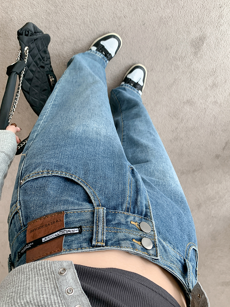 實拍~復古闊腿牛仔褲女2023年秋季新款高腰垂感顯瘦直筒褲子