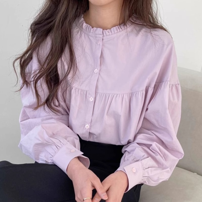 韓系chic紫色長袖襯衫女秋季新款設計感小眾前後兩穿立領寬鬆上衣
