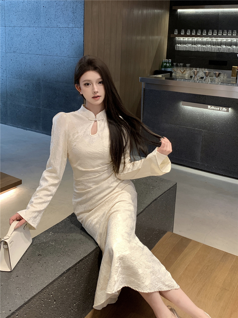 實拍秋冬性感立領魚尾新中式提花旗袍連衣裙長裙女