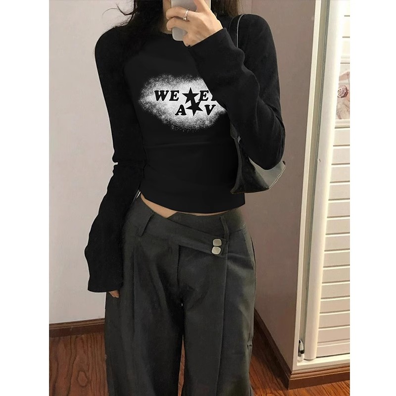 包肩包領街頭復古黑色短款長袖上衣設計感秋季薄款顯瘦T恤